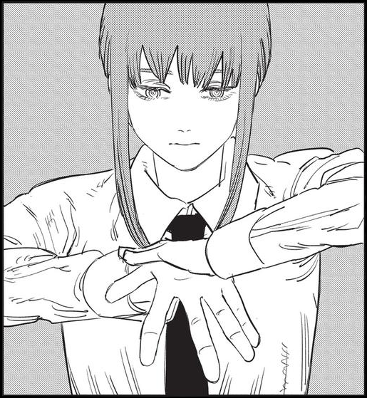 A mangacap of Makima pressing her palms together.