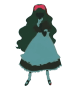 A gif of a maid's silhouette dancing in a long dress, with everything in green besides her red bow.