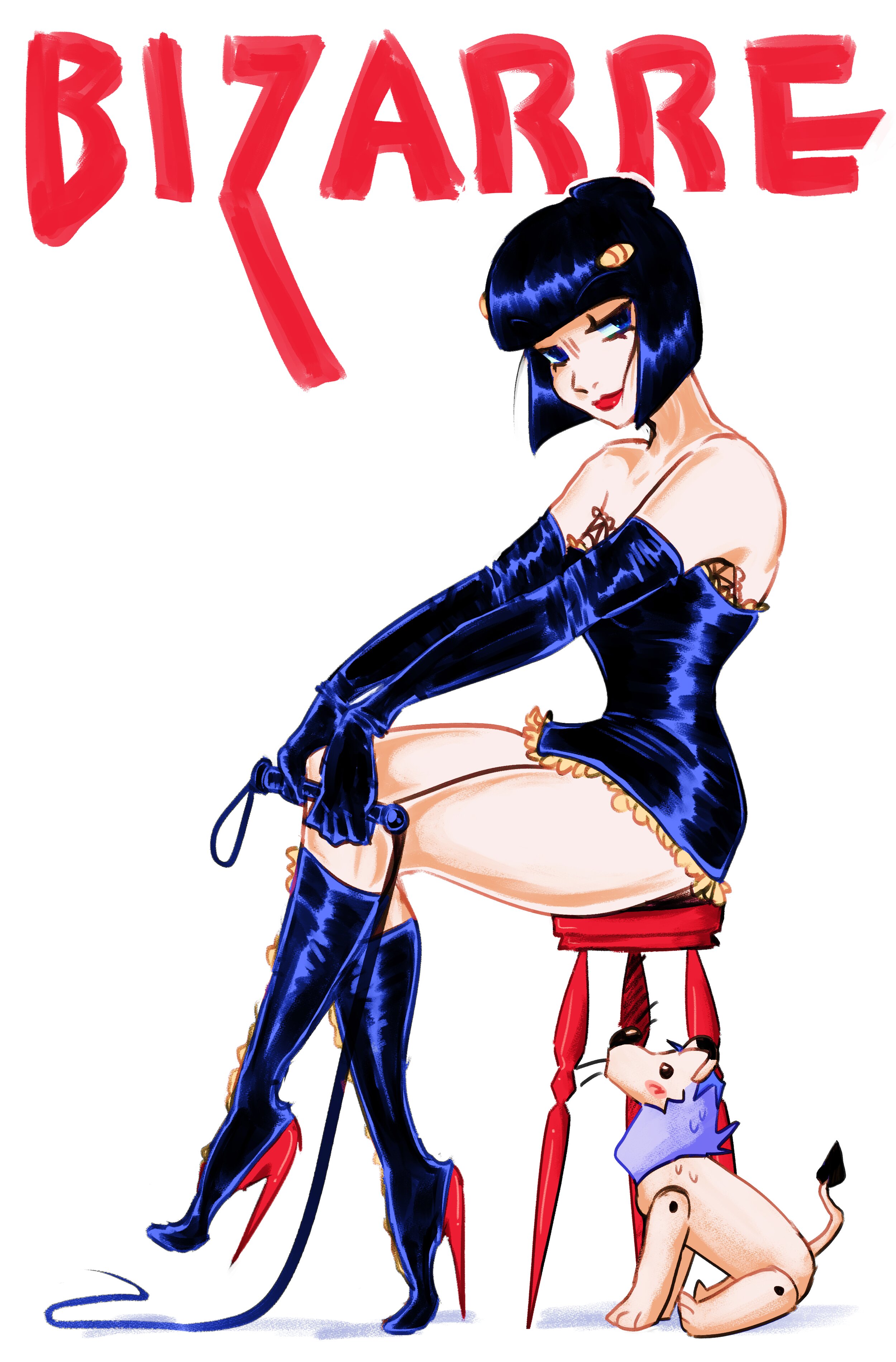 A kinky pinup of Bruno Bucciarati in a tight corset, whip, and boots, in the style of the Bizarre magazine series.