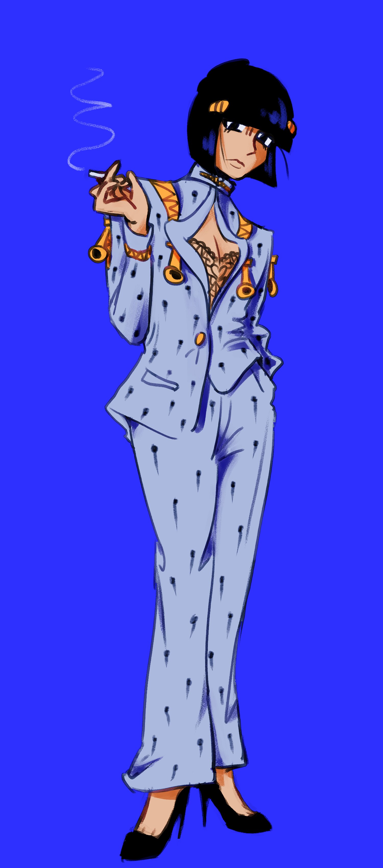 Bruno Bucciarati in black pumps smoking a cigarette.