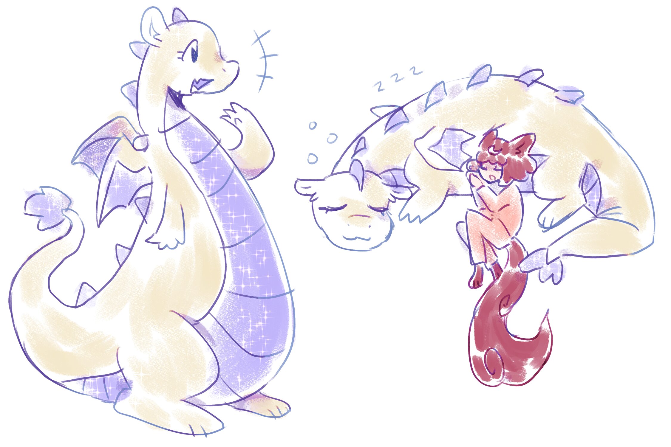 A sketch of a white dragon with a big belly and my fox fursona sleeping on said tummy.