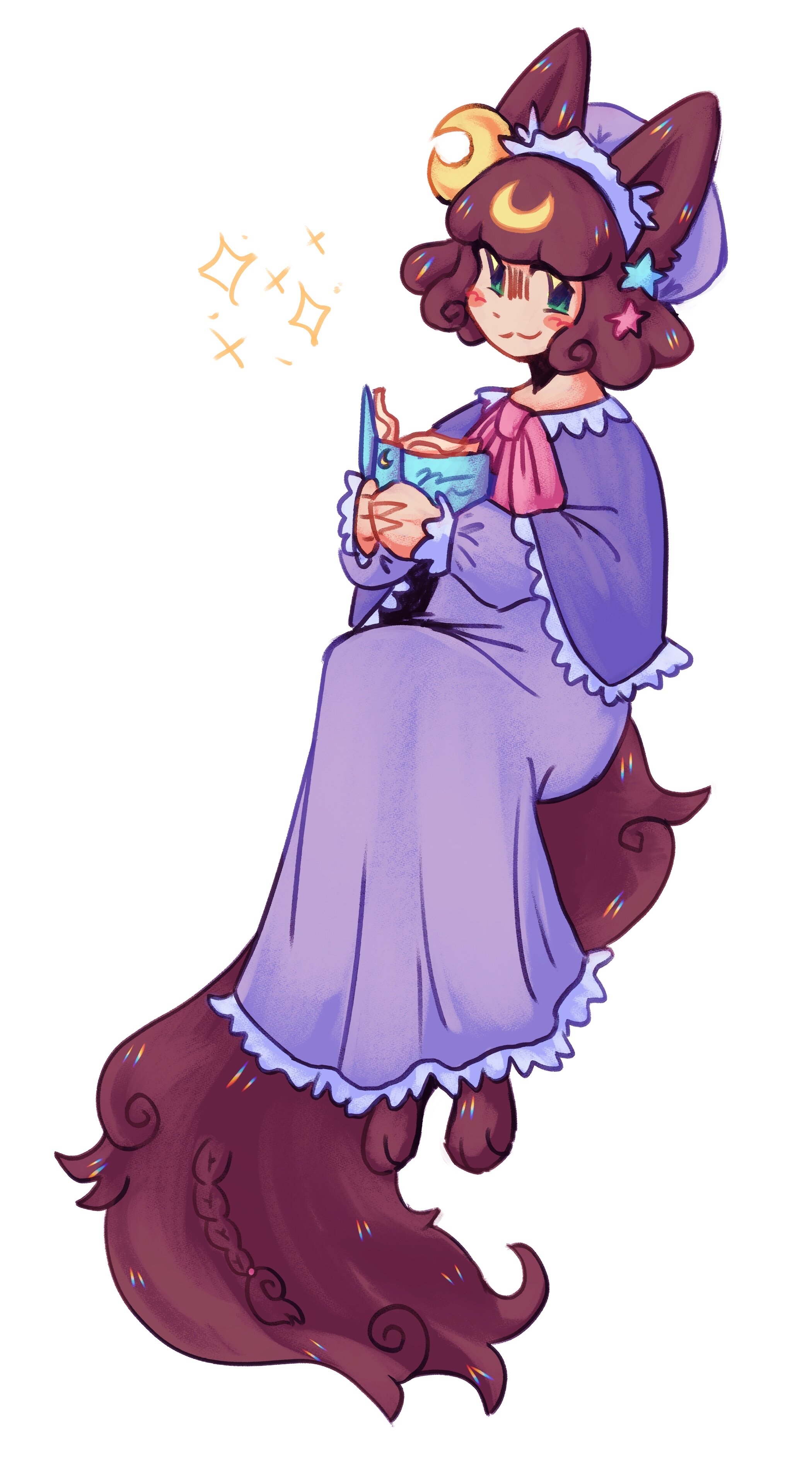 A shaded drawing of my fursona in a Patchouli Knowledge-inspired outfit.