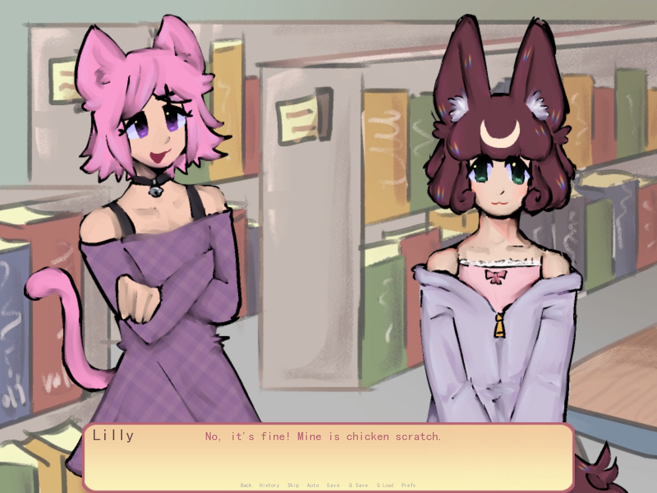 A screenshot from my visual novel showing sprites and dialogue.