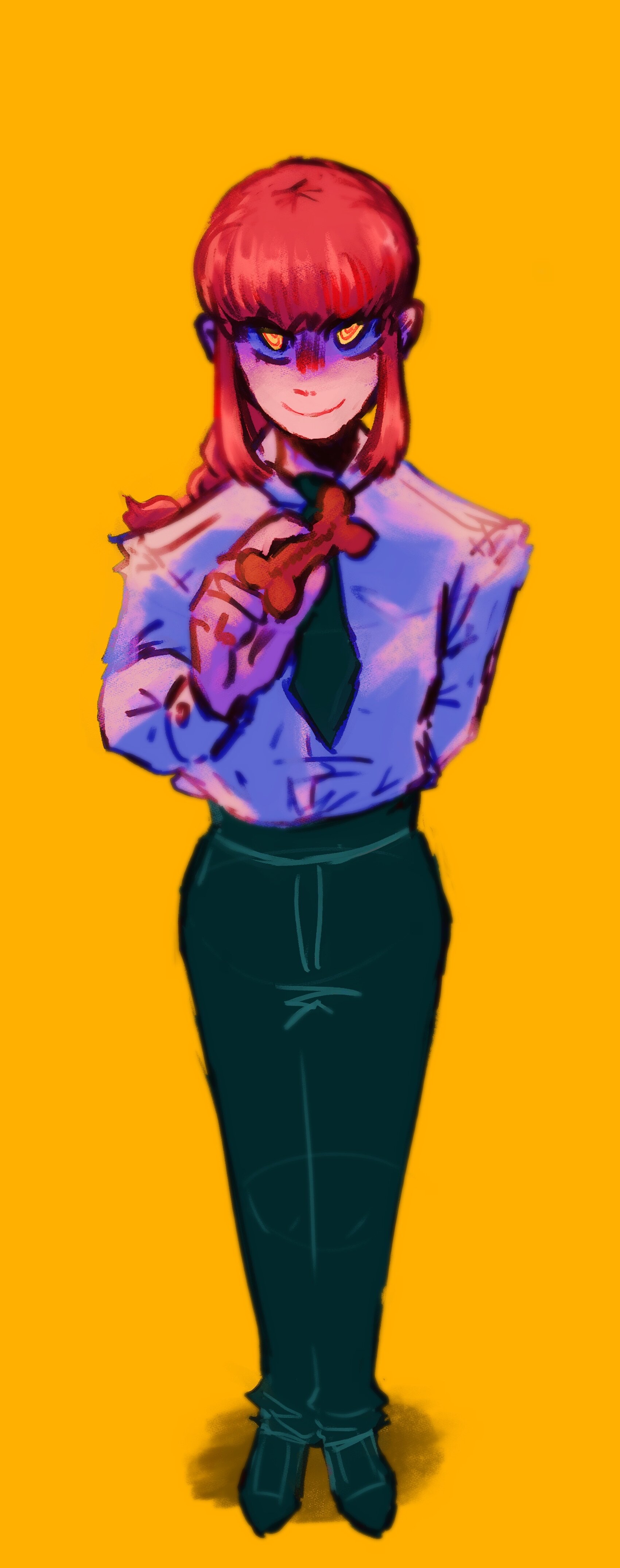 A bright drawing of Makima looking up at the viewer and offering a dog treat.