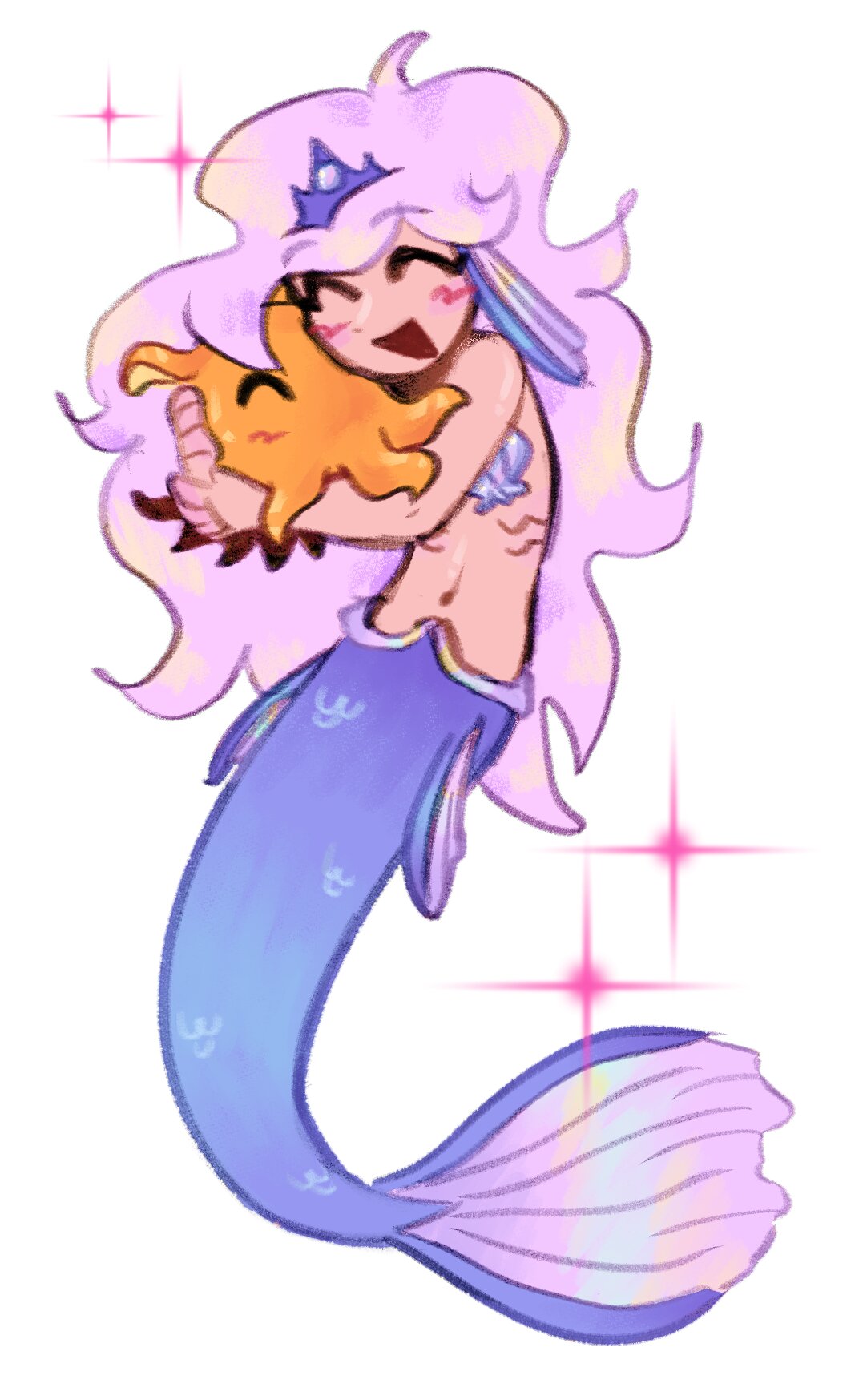 A pink mermaid hugging a little dumbo octopus.