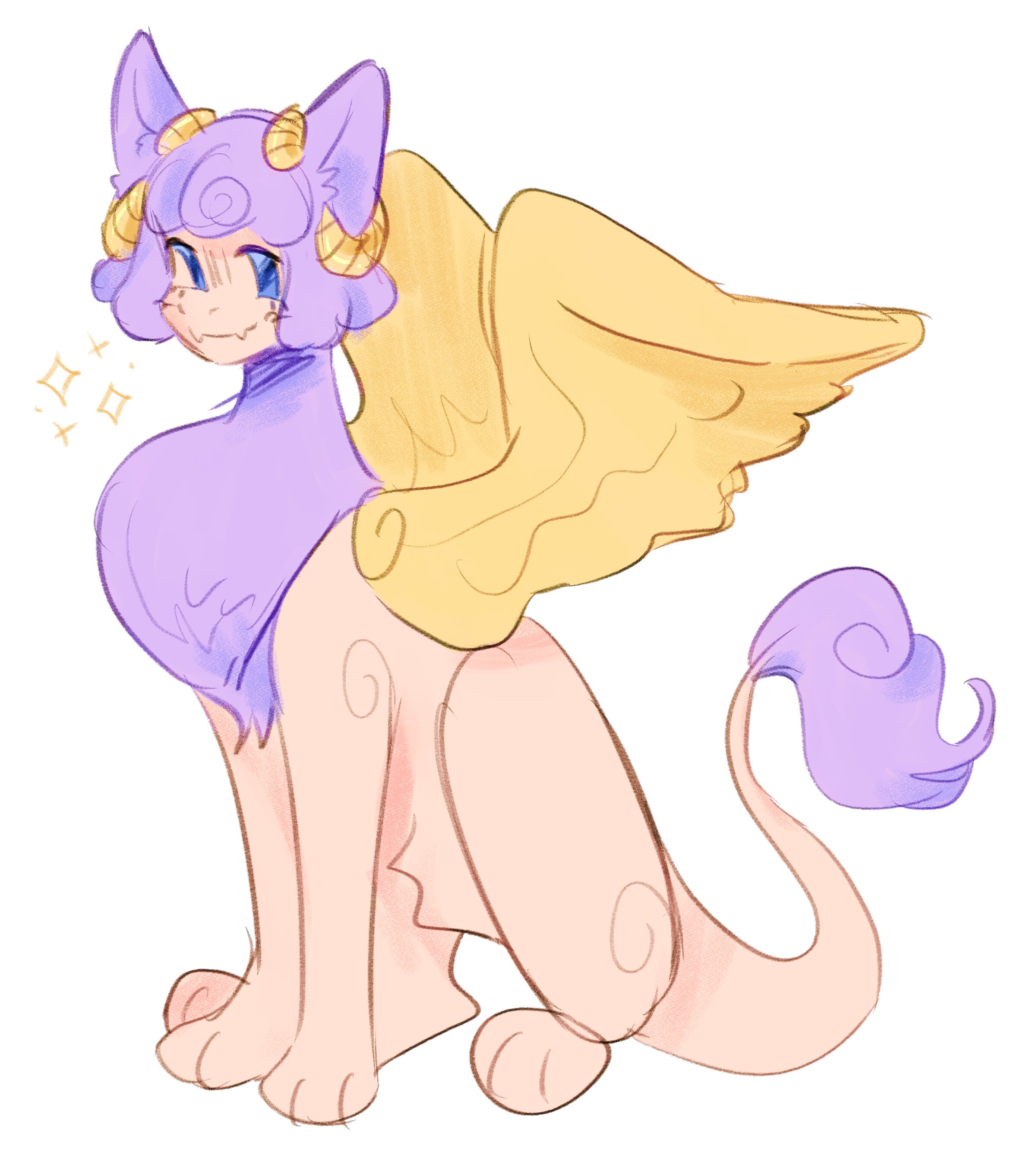 A drawing of lion-like dragon with golden wings and fluffy mane.