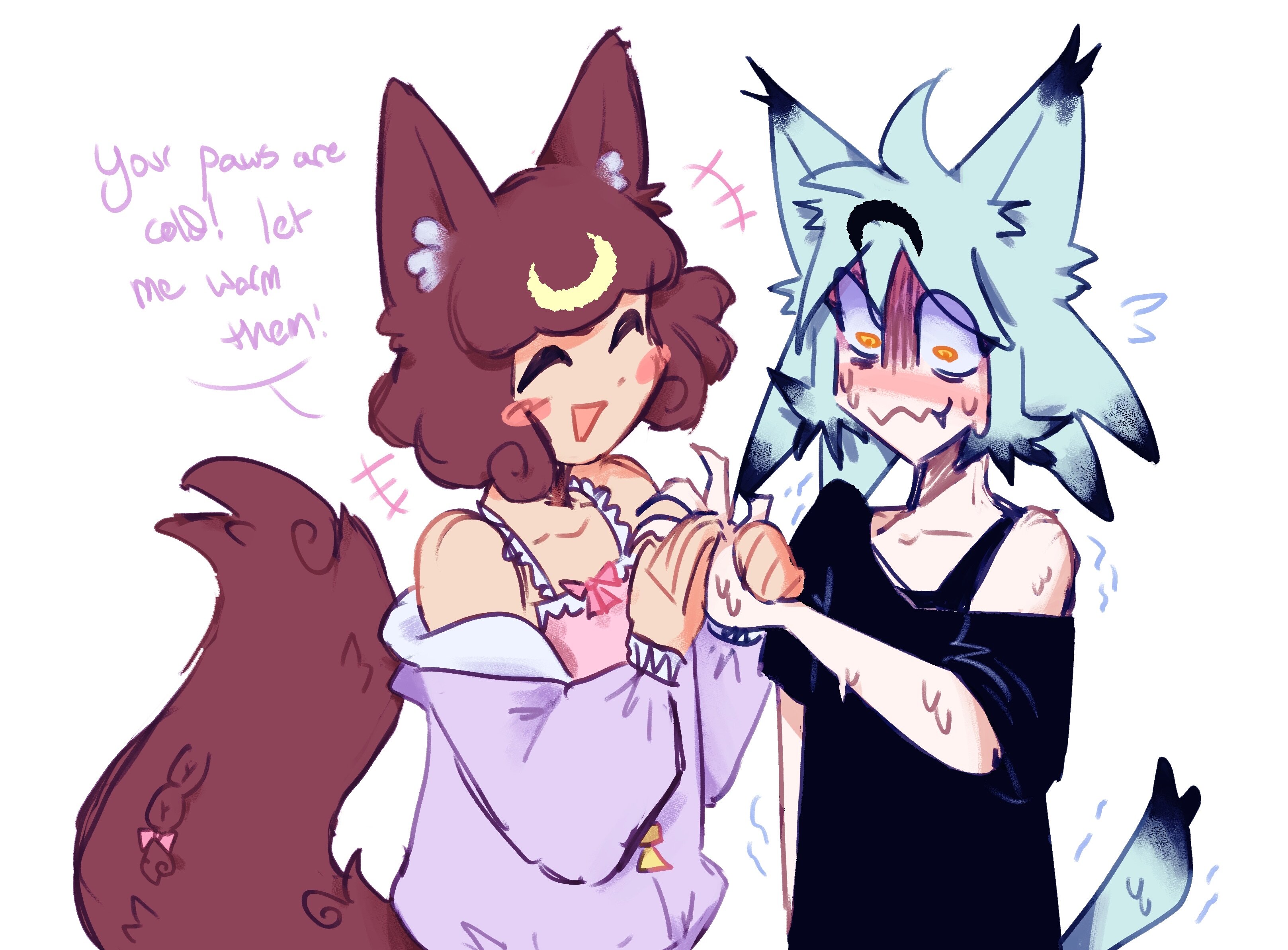 A sketch of my fursona grabbing my boyfriends' paws and warming them up, his fursona getting very flushed.