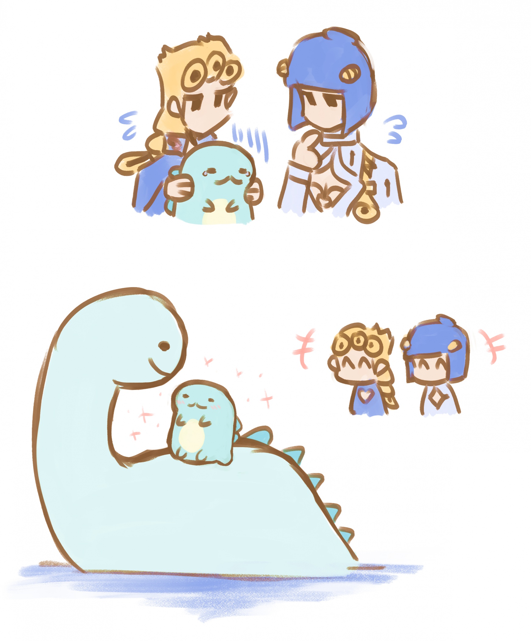 A drawing of Giorno Giovanna and Bruno Bucciarati help the San-X character Tokage reunite with his mother, who is a large plesiosaur.