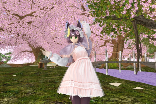 A screenshot of my fursona, who has light human skin and dark purplish-brown fur, jumping against a sakura tree background, wearing a pink lolita dress.
